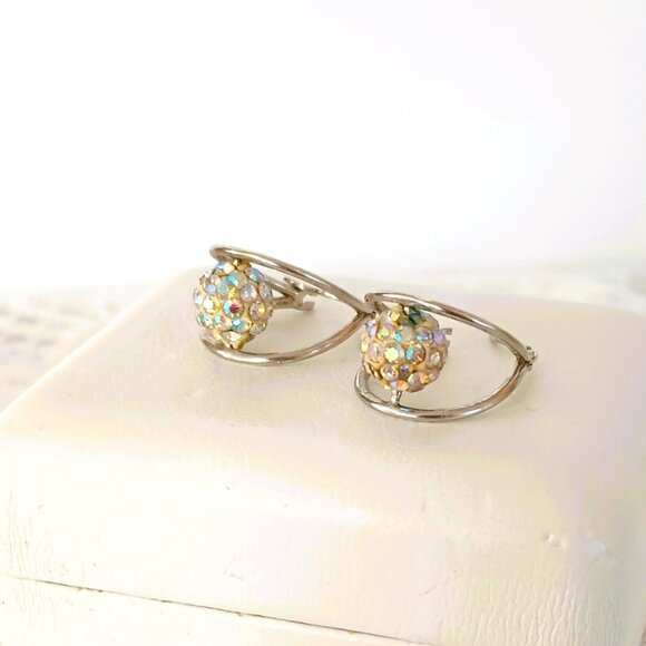 925 Floating Crystal Double Hoop Earrings Sterling Silver Drop Post Earrings - Picture 13 of 14